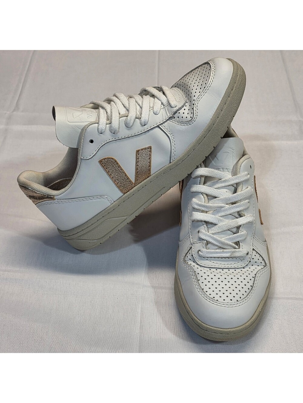 Veja V-10 White Leather Sneakers with Gold Accents, Size 38